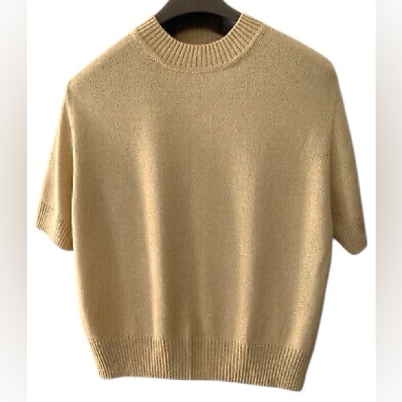St. John Golden Shimmer Short Sleeve Sweater Blouse Basic - Picture 1 of 13